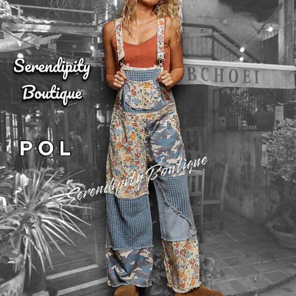 POL Denim - POL Boho Farm Girl Mixed Fabric Cotton Denim Floral Patch Suspender Strap Jeans